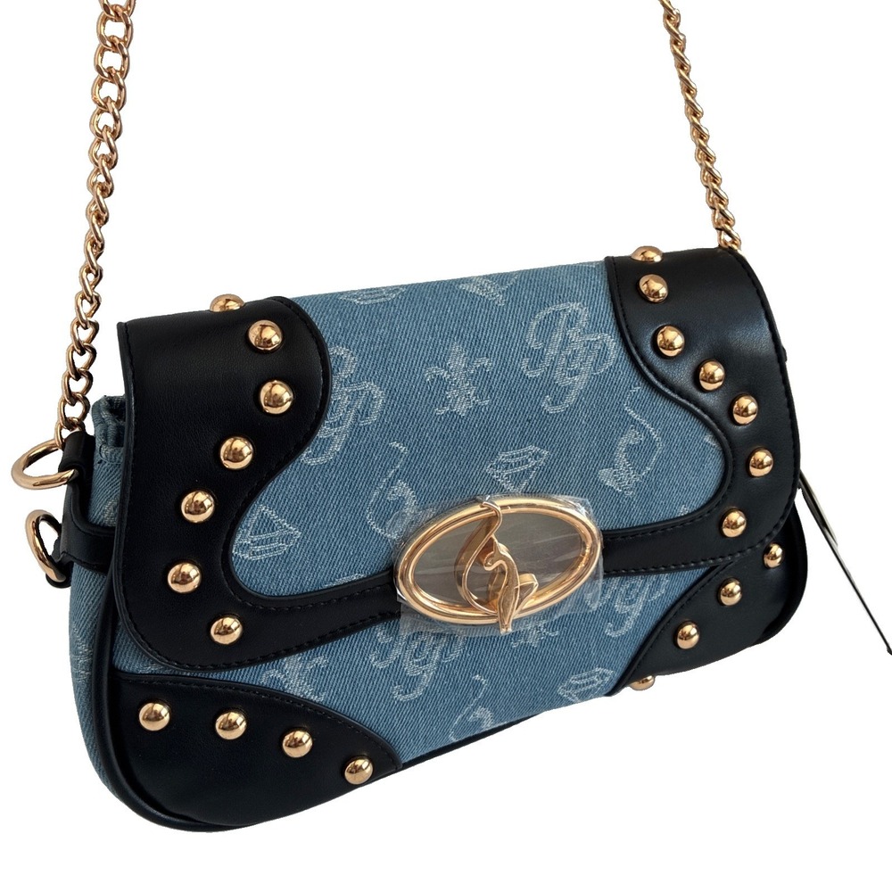 BABY PHAT~Women's Blue/Black Monogram Studded Shoulder Bag Gold Chain Strap. NWT